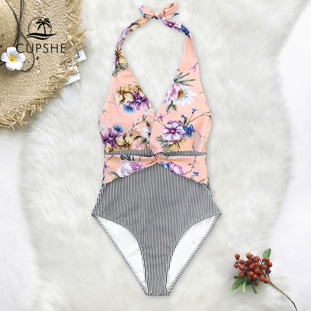 NWT Cupshe Mixed Floral and Stripe One Piece Halter - XL